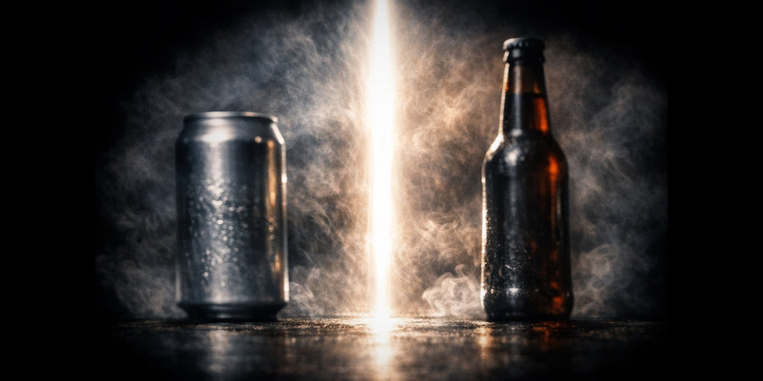 una lattina ed una bottiglia di birra in una sfida epica