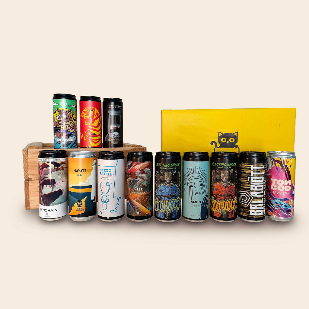 BirraBox di 12 Birre artigianali IPA su sfondo crema